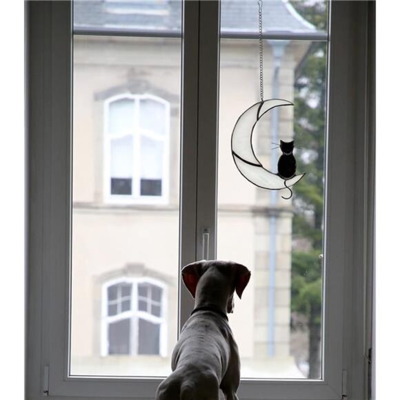 Black Cat Decor On White Moon Stained Glass Window Hanging - Picture 5 of 8